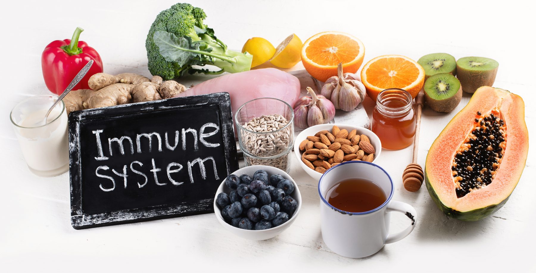 Health food surrounding chalkboard that says immune system