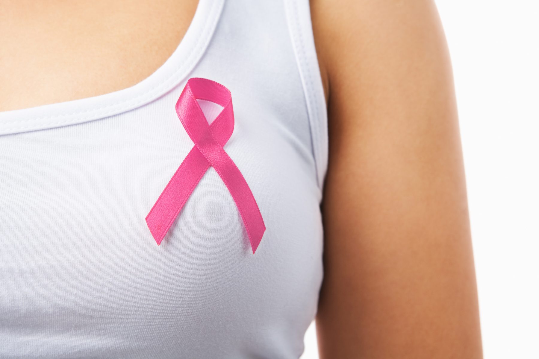 Woman wearing pink ribbon to support preventing breast cancer