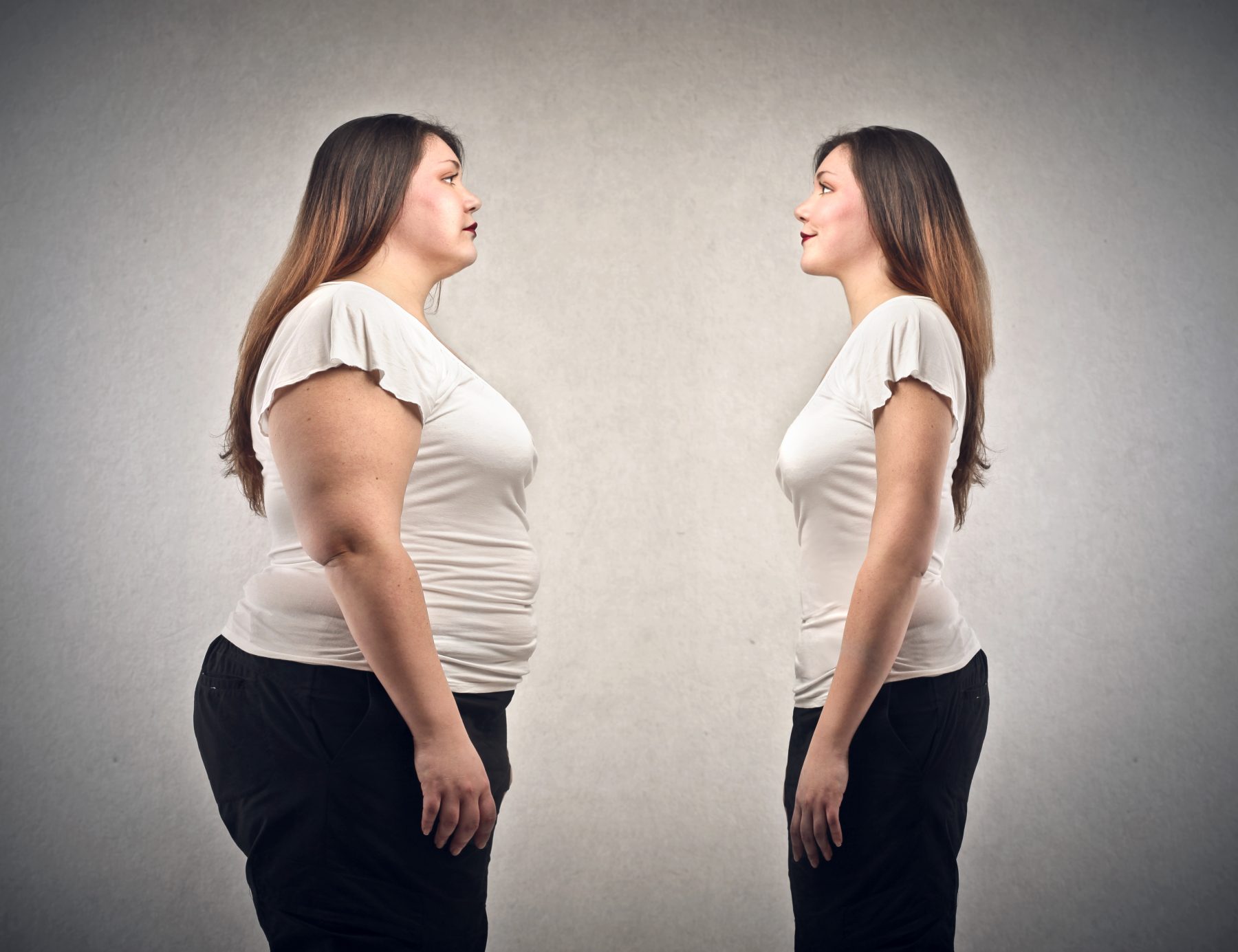 Mirror image of a woman, one normal and healthy, the other before she lost weight