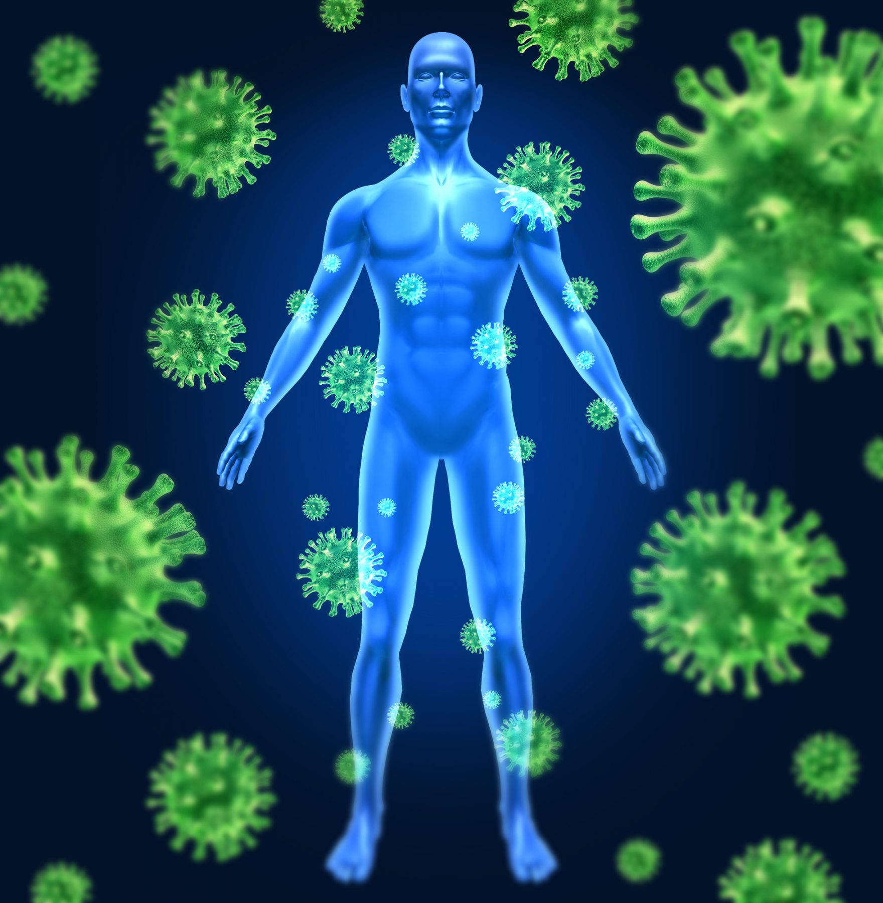 Image of human body surrounded by viruses