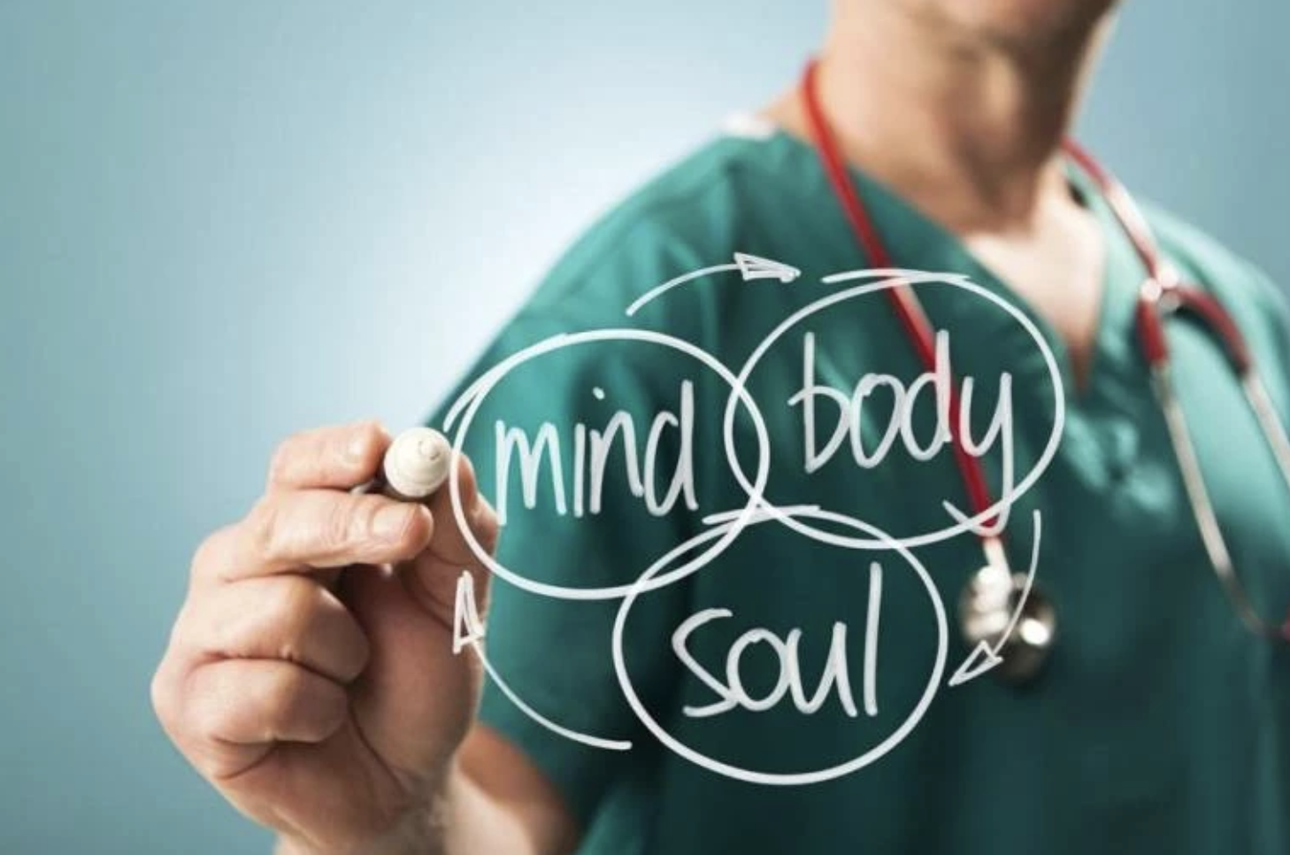 Mind, Body, Soul written on glass by doctor