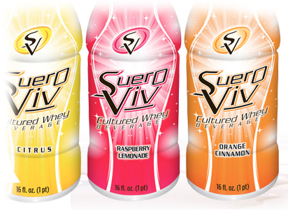 Sueroviv brand organic cultured whey bottles in different flavors